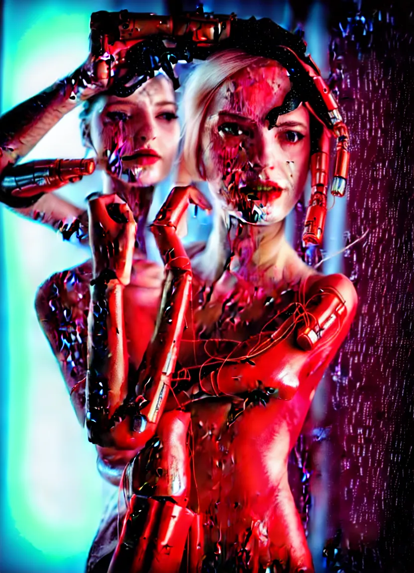 Image similar to woman, android, cyberpunk, artificial limbs, circuit, wires, mechanisms, tattoos, neon light, hard light, glamour, vogue photoshoot, fashion, long dress, red dress, raindrops, rain, wet, make - up, leaky make - up, red lipstick