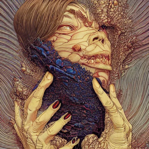 Image similar to painting of a human shedding skin, by yoichi hatakenaka, masamune shirow, josan gonzales and dan mumford, ayami kojima, takato yamamoto, barclay shaw, karol bak, yukito kishiro