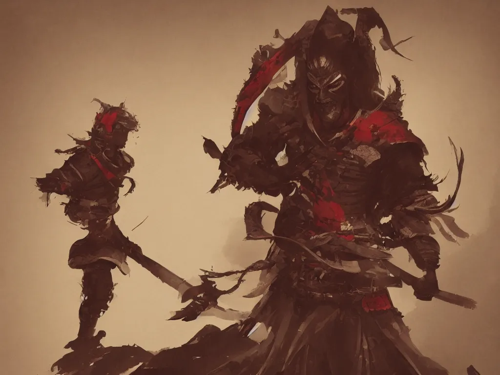 Image similar to samurai with demon mask, old japanese room on backround, artstation, cgsociety, greg rutkowski, wlop