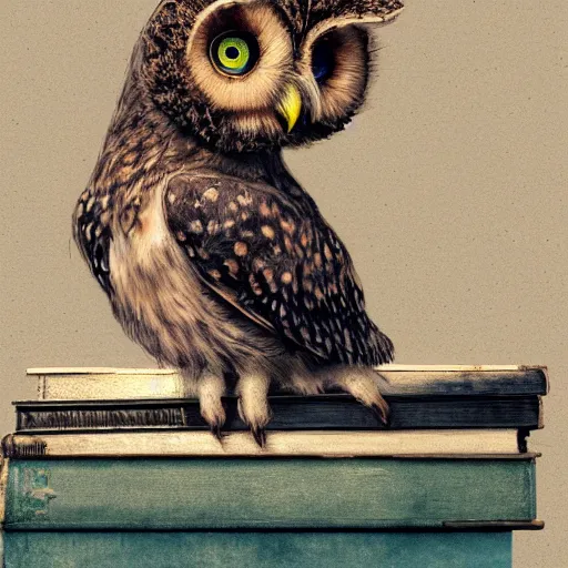 Image similar to long shot of a very cute young owl sitting on a pile of antique books, by esao andrews, by james jean, marc simonetti, humorous illustration, hyperrealistic, big depth of field, fresh colors, dim light, 3 d octane render conceptart, 4 k, hyperdetailed, trending on artstation