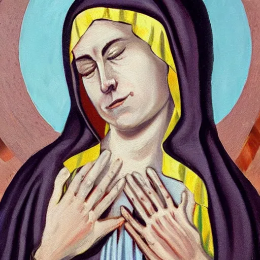 Image similar to original oil painting of our lady of sorrows crying