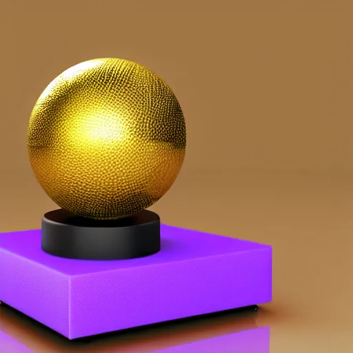 Image similar to A golden ball on top of a purple table, high quality, photo realistic, 3D render.