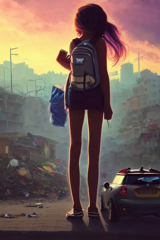 Image similar to teenage beauty girl mini hort with backpack looking at food at garbage dump, destroyed cars, city is pure wasteland, moody sunset background, rays of sunlights, ( ( ( rainbow ) ) ), high details, sharp, photorealism, cinematic, greg rutkowski, alphonse mucha, trending on artstation, artgerm, unreal engine, highly detailed