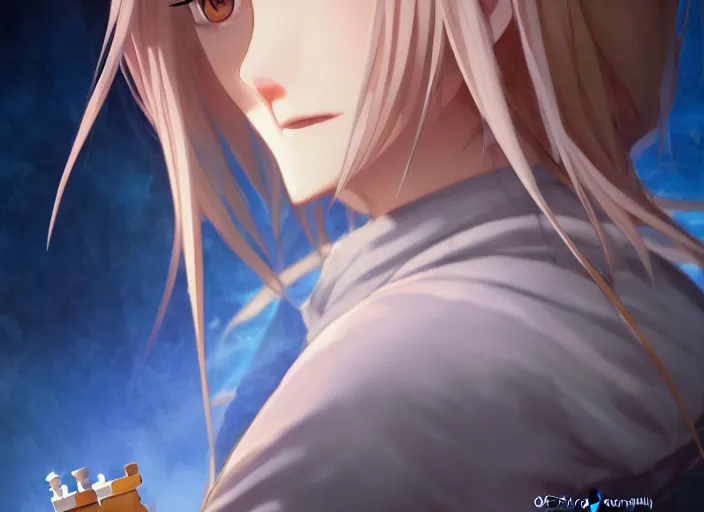 Prompt: profile shot of rimuru tempest playing chess, with amber eyes of golden colored eyes, straight hair, sky blue hair, long bangs, high collar, concept art, award winning photography, digital painting, cinematic, by wlop, anime key visual, wlop, 8 k, by ross tran, tom bagshaw, andy warhol