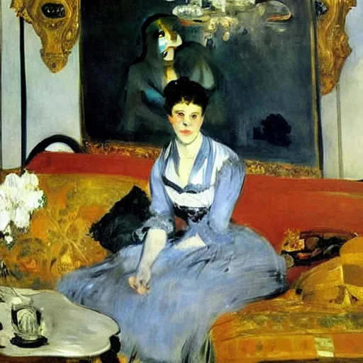 Image similar to a modern woman in a living room, Edouard Manet, painting,