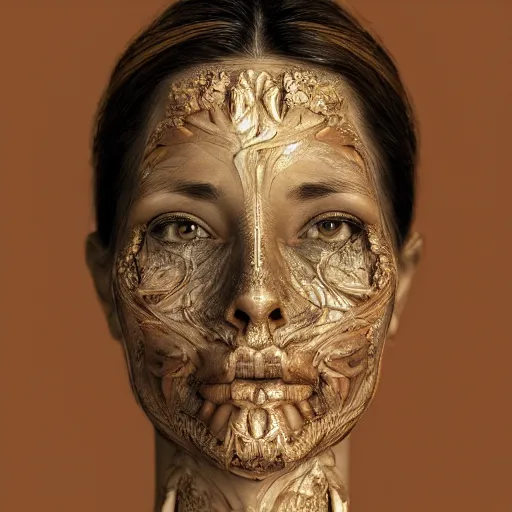 Image similar to beatifull frontal face portrait of a woman, 150 mm, anatomical, flesh, flowers, mandelbrot fractal, facial muscles, veins, arteries, symmetric, intricate, golden ratio, full frame, microscopic, elegant, highly detailed, ornate, ornament, sculpture, elegant , luxury, beautifully lit, ray trace, octane render in the style of peter Gric , alex grey and Romero Ressendi