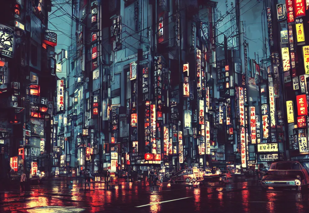 Image similar to tokyo city streets by cyberpunk style max payne standing in blood trending on artstation cinematic realistic buildings windows cars realistic peoples golden ratio awesome composition color balance harmony physical correct light shadows