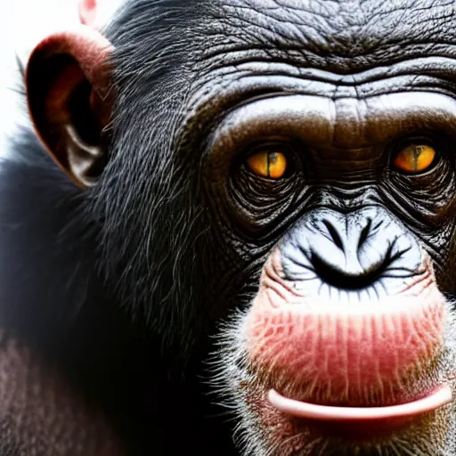 Image similar to a high detail closeup shot of a chimp wearing a suit, smoking a cigar