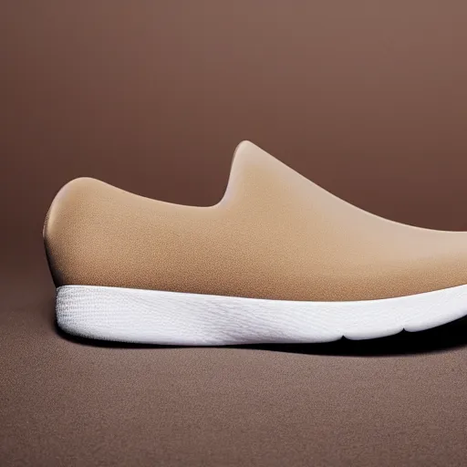 Image similar to a distinctively curved silhouette desert sand color shoe, upper of the shoe is made from a lightweight foam material, which gives the shoe its unique look. the foam material used on the midsole and outsole of the shoe, foam - based slip - on shoe, looks like a crocs, studio lighting, studio portrait