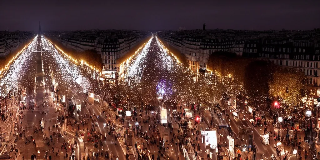 Image similar to million of people rioting on the streets of paris, champs - elysees, at night, wide angle