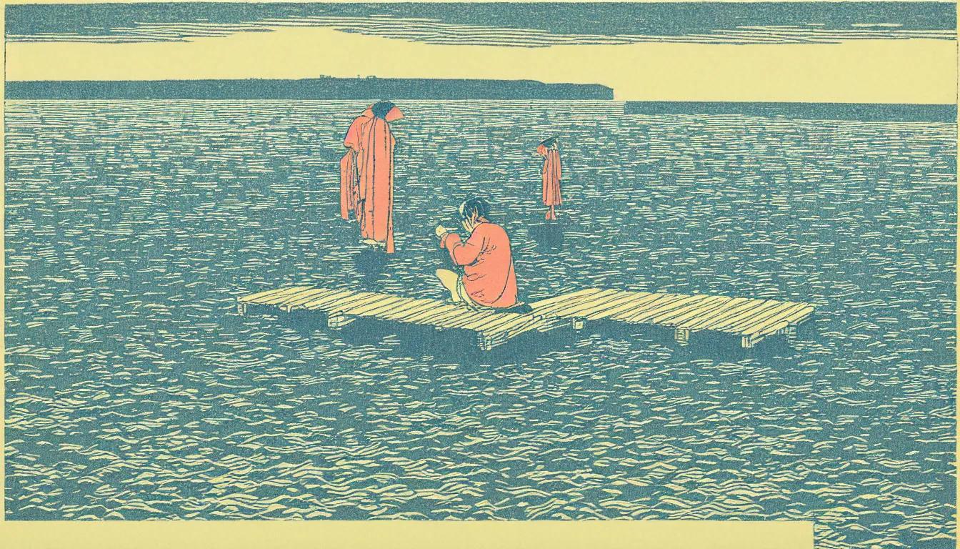 Image similar to sitting at the end of the dock by woodblock print, moebius