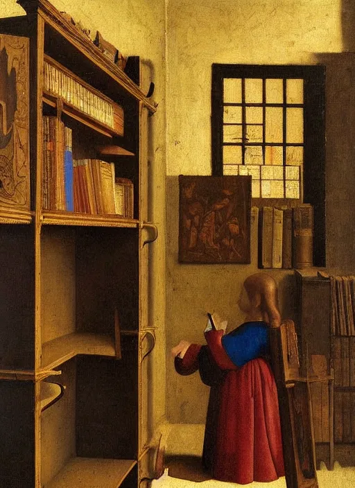 Image similar to bookshelf with books and children toys, medieval painting by jan van eyck, johannes vermeer, florence