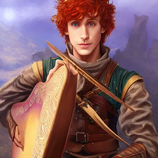 Image similar to kvothe with a lute by artgerm, digital art, unreal engine 5, trending on artstation, deviantart, pinterest, rule of thirds, 4 k uhd image