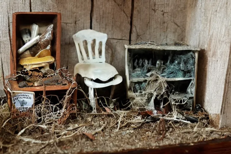 Prompt: diorama of scattered items, spooky, scary, walter wick and jean marzollo