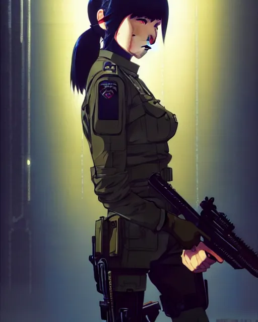 Image similar to girl wearing tactical gear, very anime, fine - face, audrey plaza, realistic shaded perfect face, fine details. anime. realistic shaded lighting poster by ilya kuvshinov katsuhiro otomo ghost - in - the - shell, magali villeneuve, artgerm, jeremy lipkin and michael garmash and rob rey