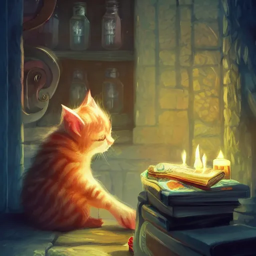 Image similar to beautiful fantasy illustration of an adorable kitten sleeping on the counter of a potion shop. candles, books. by andreas rocha and marc simonetti, trending on artstation 8k hq