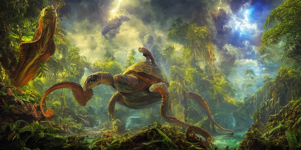 Prompt: fantasy oil painting, great leviathan, turtle cephalopod terrapin reptilian pachyderm amphibian hybrid, rainforest mountains, lush plants flowers, epic natural light, bright clouds, luminous sky, spacecraft, outer worlds, bright cinematic key lighting, michael cheval, michael whelan, vray, 8 k hd