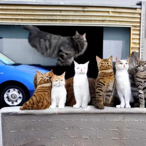 Prompt: A group of photogenic cats at a car wash
