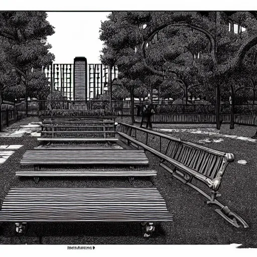 Prompt: A park bench in New york by Kentaro Miura in the style of Berserk Manga, anime, artstation, 4k, manga