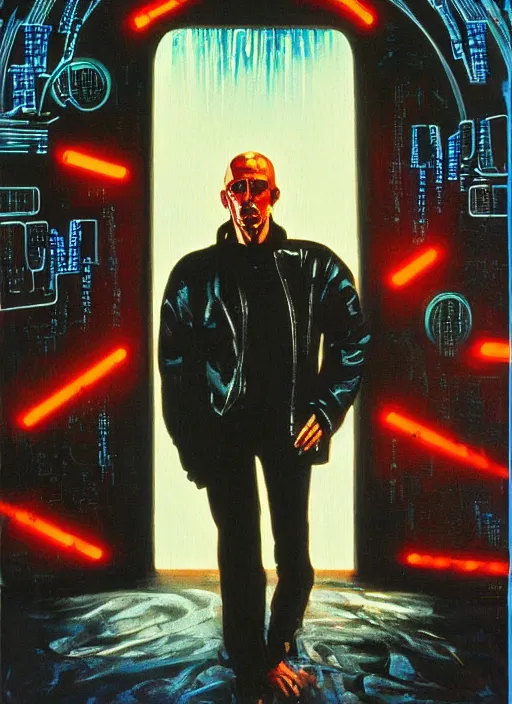 Image similar to 1 9 8 3 movie poster for neuromancer. oil on canvas. print.