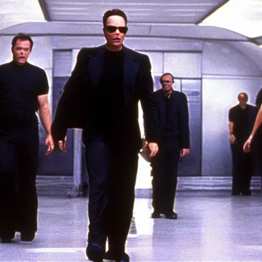 Prompt: Elon Musk starring as Agent Smith, The Matrix (1999), photographic still