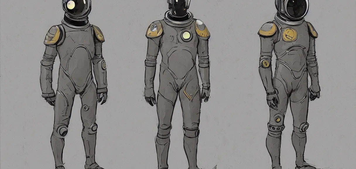 Image similar to male, full body, space suit with a modern helmet, large shoulders, short torso, long thin legs, tiny feet, character sheet, science fiction, very stylized character design, digital painting, by mike mignola, by alex maleev, jean giraud, painted by leyendecker