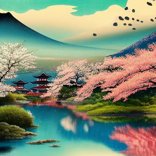 Prompt: japanese landscape, geisha of thomas dubois, portrait, kimono, water, reflection, clouds, nature, snowy peak, lake kawaguchi, sunset, white blossoms, 4 k, fantasy art, amazing awesome and epic, ultrafine detail, ultra hd wallpaper