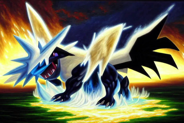 Prompt: a dramatic and detailed oil painting of absol from pokemon and a natural disaster by thomas cole and ken sugimori