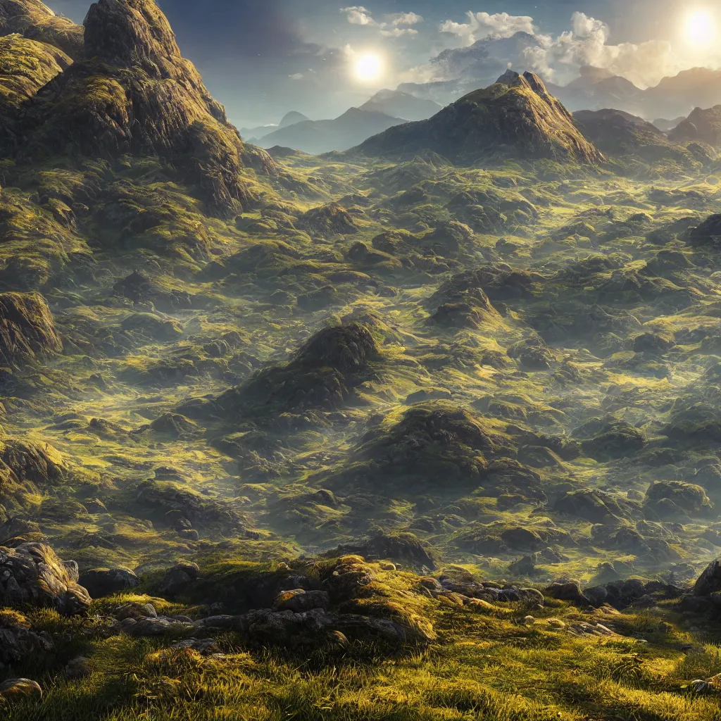 Prompt: sun path in the sky, a magical lush highland landscape in the background with mountains far away, hypermaximalistic, high details, cinematic, 8k resolution, beautiful detailed, insanely intricate details, artstation trending, octane render, unreal engine