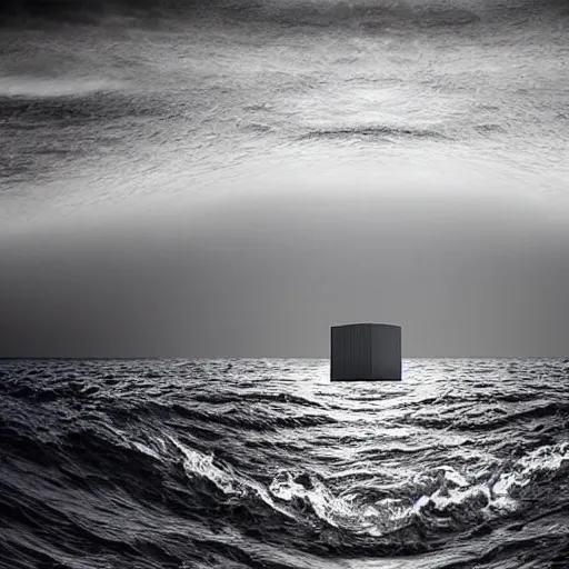 Image similar to a cube in the middle of the sea with images of a sea squall on its sides. in the style of Richard Serra