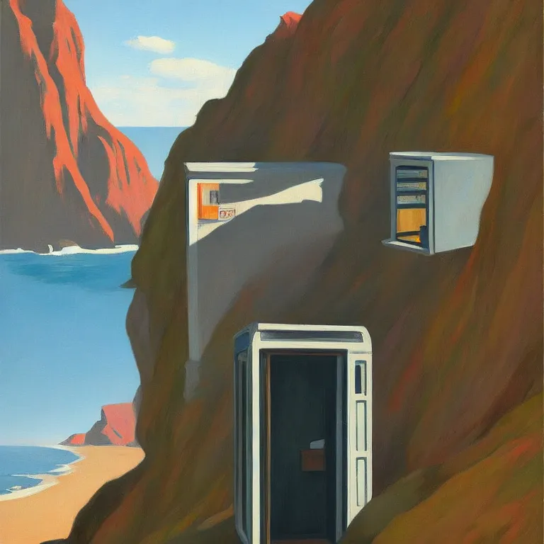 Image similar to phonebooth on a cliff, painted by Edward Hopper, painted by James Gilleard, airbrush