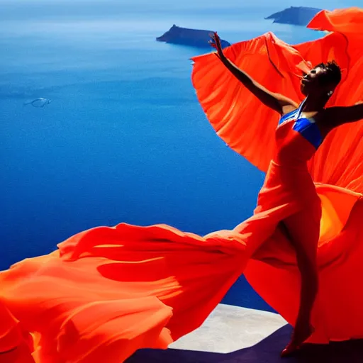 Image similar to beautiful modern dancer wearing a red, yellow, blue swirling dress, standing on a Santorini terrace looking down into the ocean, trending on artstation, cinematic, photorealistic