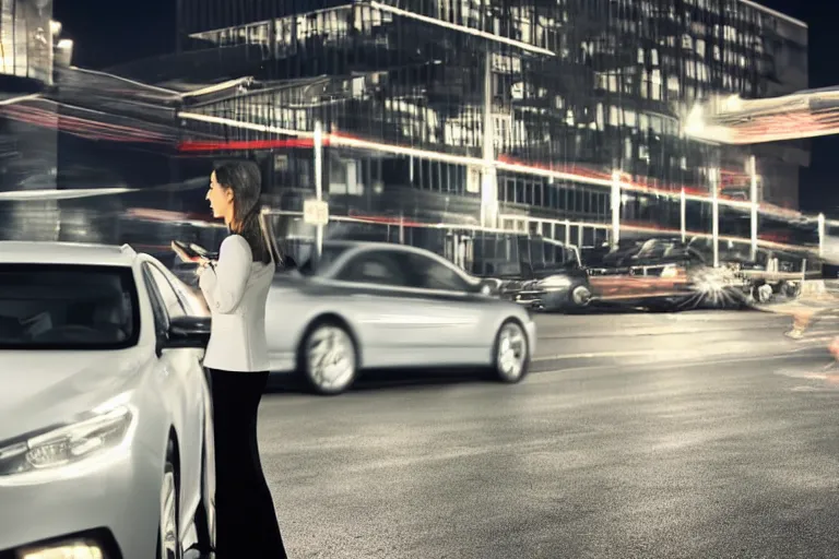 Prompt: cctv footage of a business woman making a deal in a parking lot at night, hd security video, 4 k