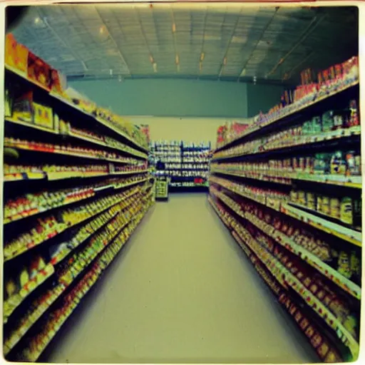 Prompt: low - angle go - pro view, very low - angle, ant's!!! eye!!! view!! photo of a groceries store, polaroid photo, by andy warhol