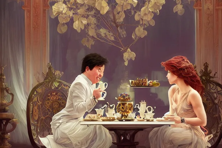 Prompt: michael mcintyre and faith brown having tea at the ritz, real life skin, intricate, elegant, highly detailed, artstation, concept art, smooth, sharp focus, art by artgerm and greg rutkowski and alphonse mucha