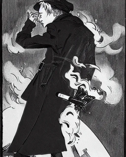 Image similar to a fox in a black trench - coat, smoking a cigarette in front of a huge explosion in the middle of a war, style of anime