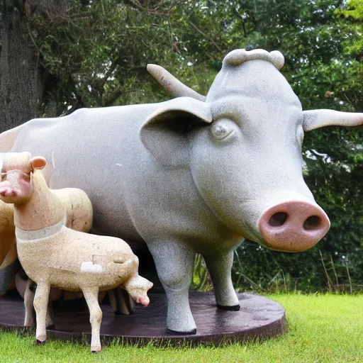 Image similar to statue of a pig, a cow, a horse, a chicken and a sheep