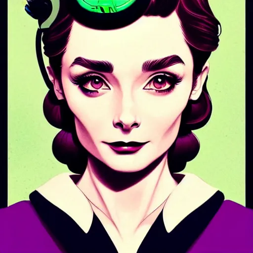 Image similar to in the style of joshua middleton, artgerm, beautiful audrey hepburn, steampunk, bioshock, elegant pose, middle shot, spooky, symmetrical face symmetrical eyes, three point lighting, detailed realistic eyes, short neck, purple and green top clothing, insanely detailed and intricate elegant