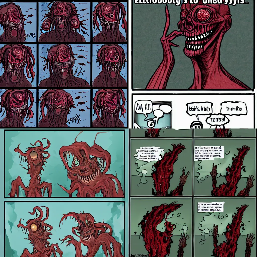 Prompt: Horrific eldritch monstrosity filled with blood in the style of a meme format, funny