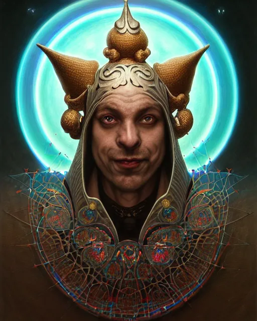 Image similar to front shot of a court jester character, hyperdimensional, bioluminescent hypercubes, ((intricate)), elegant, highly detailed, centered, (((artstation, concept art, smooth, sharp focus, artgerm, Tomasz Alen Kopera, Peter Mohrbacher, donato giancola, Joseph Christian Leyendecker, WLOP, Boris Vallejo))), mugshot!!!!!, ugly!!!!!!, octane render, nvidia raytracing demo, grainy, muted, 8K, digitalblasphemy