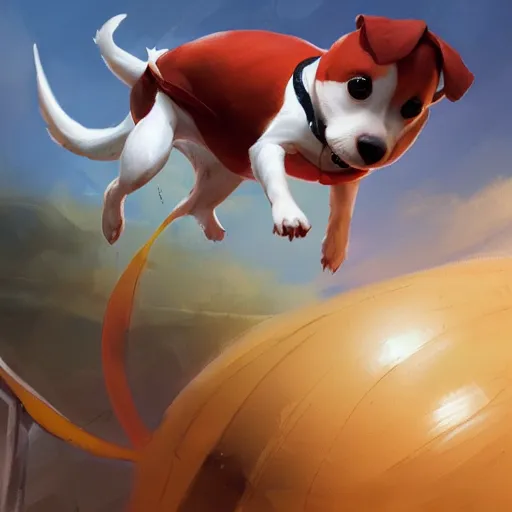 Prompt: adorable jack russel terrier jumping over a red exercise ball, fantasy art, artstation character design contest winner, trending on cgsociety, concept art, speedpaint, beautiful digital art, jesper ejsing, james jean, justin gerard, fenghua zhong, makoto shinkai, highly detailed