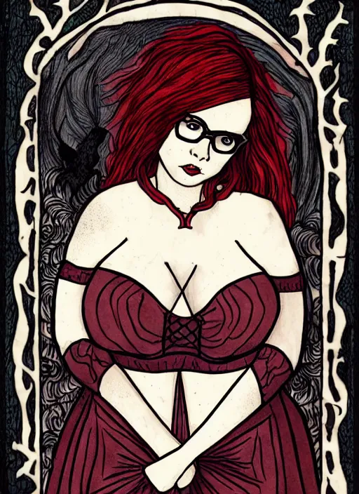 Prompt: a dark tarot card featuring border illustrations, text and a pale young woman, chubby, with long wavy red hair and trendy glasses standing in a room, incredibly detailed art, medieval, halloween, by dark forest