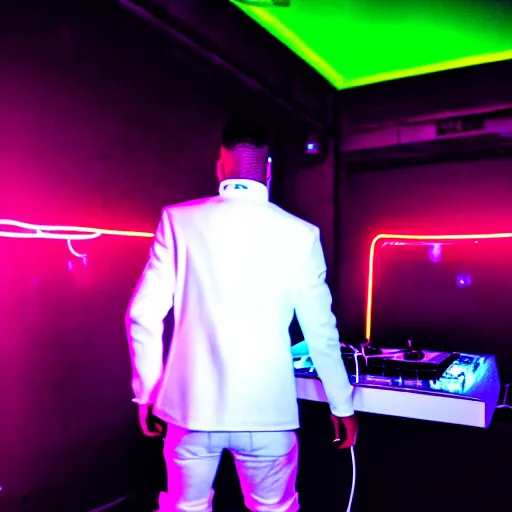 Image similar to the goat dj in a white jacket, retrowave, neon light,