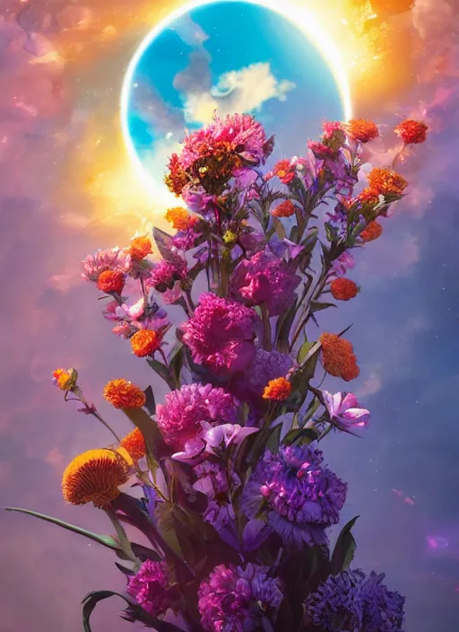 Image similar to An epic fantastic realism comic book style painting of the most beautiful flowers launched into space, bouquets, solar eclipse, fisheye, unreal 5, DAZ, hyperrealistic, octane render, dynamic lighting