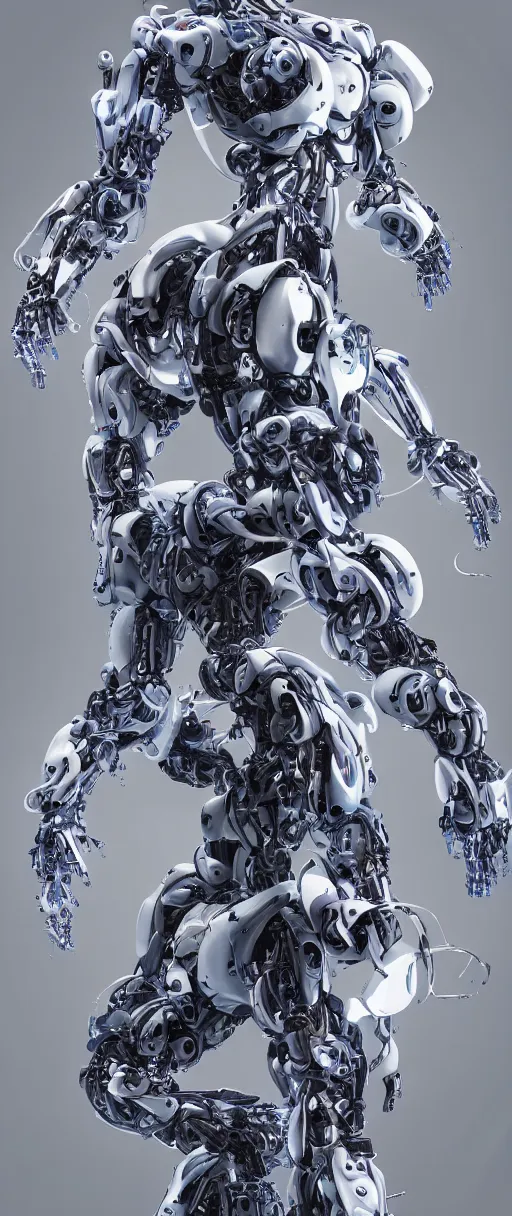 Prompt: a highly detailed digital image of a highly detailed and mechanical robotic mecha beautifully intertwined in chromatic liquid like leaves, matte white background, full body shot, by Andrew Chiampo, artstation, and Frederik Heyman, extremely detailed woman, stunning volumetric lighting, hyper realism, fantasy 4k