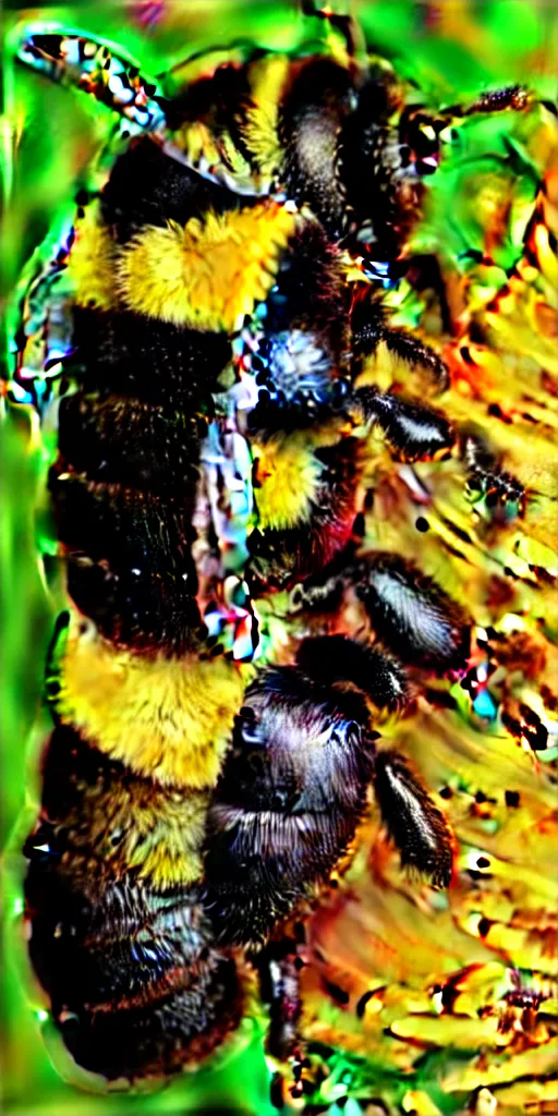 Prompt: fat fat ugly distorted bumblebee in a flower puking pollen, airbrush 8 0 s photography, polished, 8 5 mm, intricate, sharp detailed focus airbrush