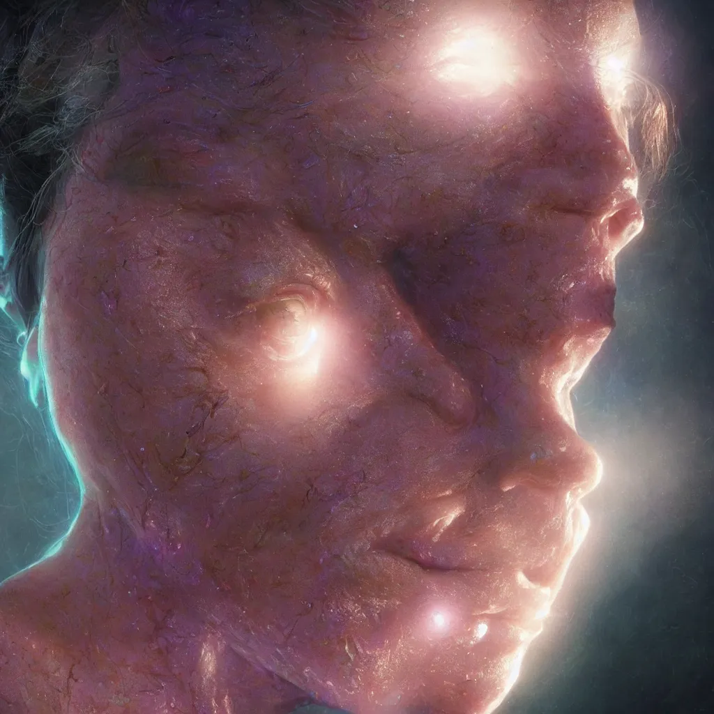 Image similar to extremely detailed cinematic movie still medium shot of enlightened iridiscent goddess hyperreal skin face by denis villeneuve, wayne barlowe, simon birch, marc simonetti, philippe druillet, beeple, alex grey bright volumetric sunlight, rich moody colors, bokeh