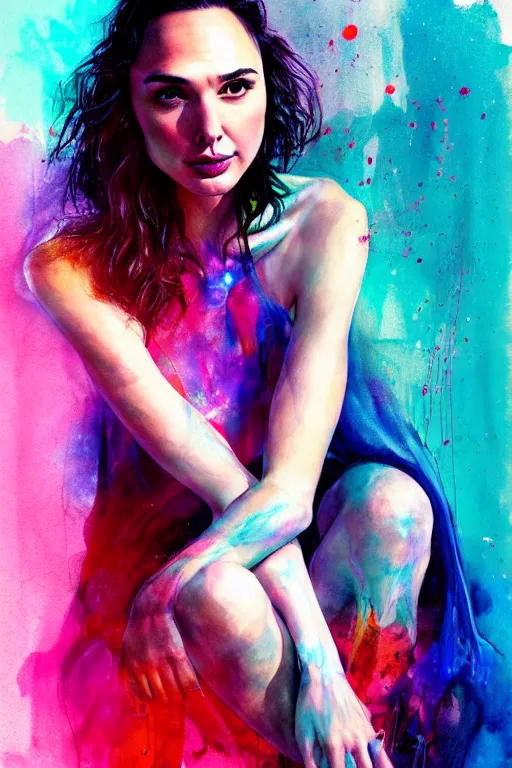 Image similar to gal gadot by agnes cecile enki bilal moebius, intricated details, sitting on a stool, full body portrait, extremely luminous bright design, pastel colours, drips, autumn lights