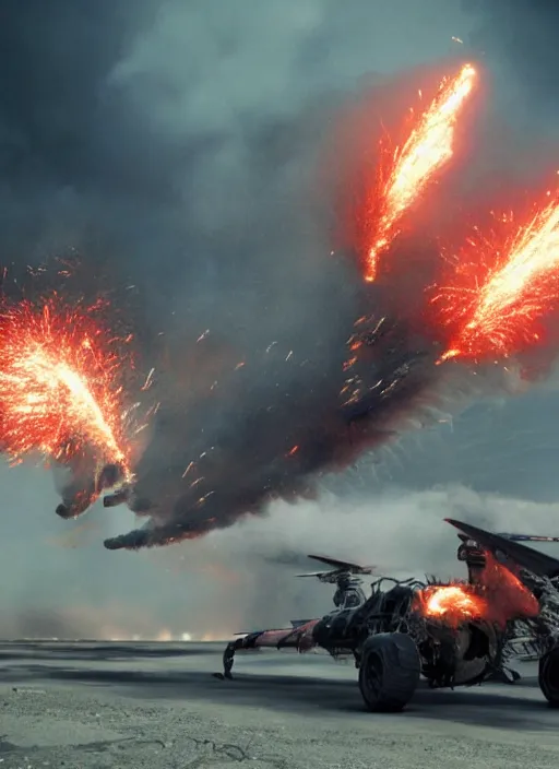 Image similar to george miller, movie shot, x wings over a black icelandic beach with explosions of red and blue and yellow and green and orange powder, crowd of spectators in stadium, day, aerial, mad max fury road, 8k render