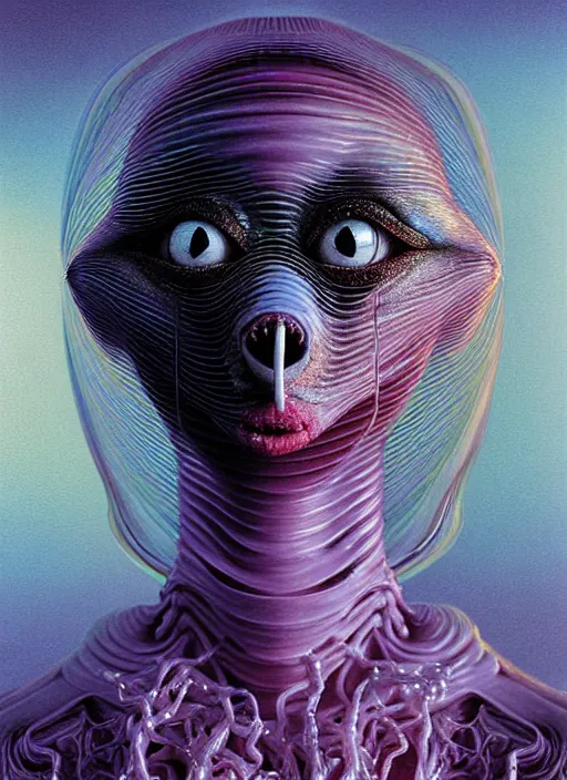 Image similar to hyper detailed 3d render of like a chiaroscuro oil painting - kawaii portrait yawn evoke (an astronaut queen with advanced suit like a chrome skeksis porcelain forcefield looks like Krysten Ritter) seen Eating of the Strangling network of charcoal aerochrome watercolor and milky Fruit and His delicate Hands hold of gossamer polyp cenobite bring iridescent fungal flowers whose spores black the foolish stars by Jacek Yerka, Ilya Kuvshinov, Mariusz Lewandowski, Houdini algorithmic generative render, Abstract brush strokes, Masterpiece, Edward Hopper and James Gilleard, Zdzislaw Beksinski, Wolfgang Lettl, hints of Yayoi Kasuma, octane render, 8k